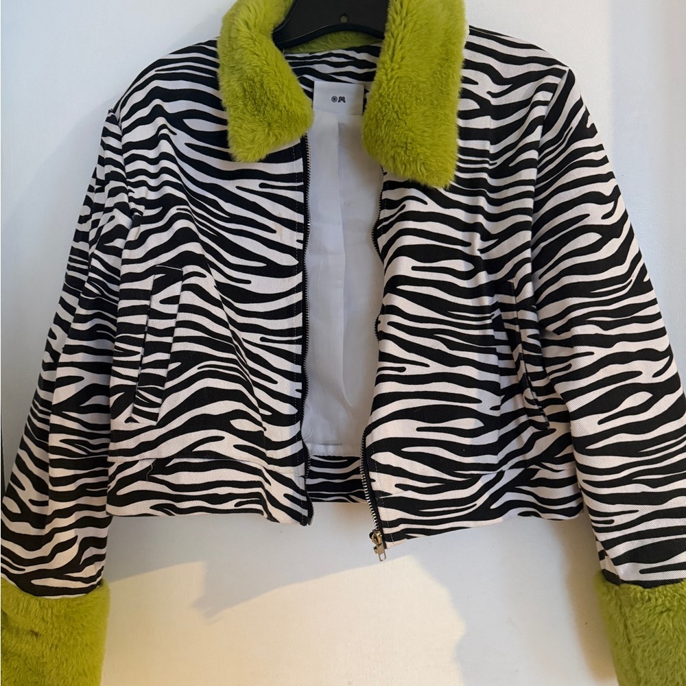 Zebra Print Jacket with Green Trim(faux fur)